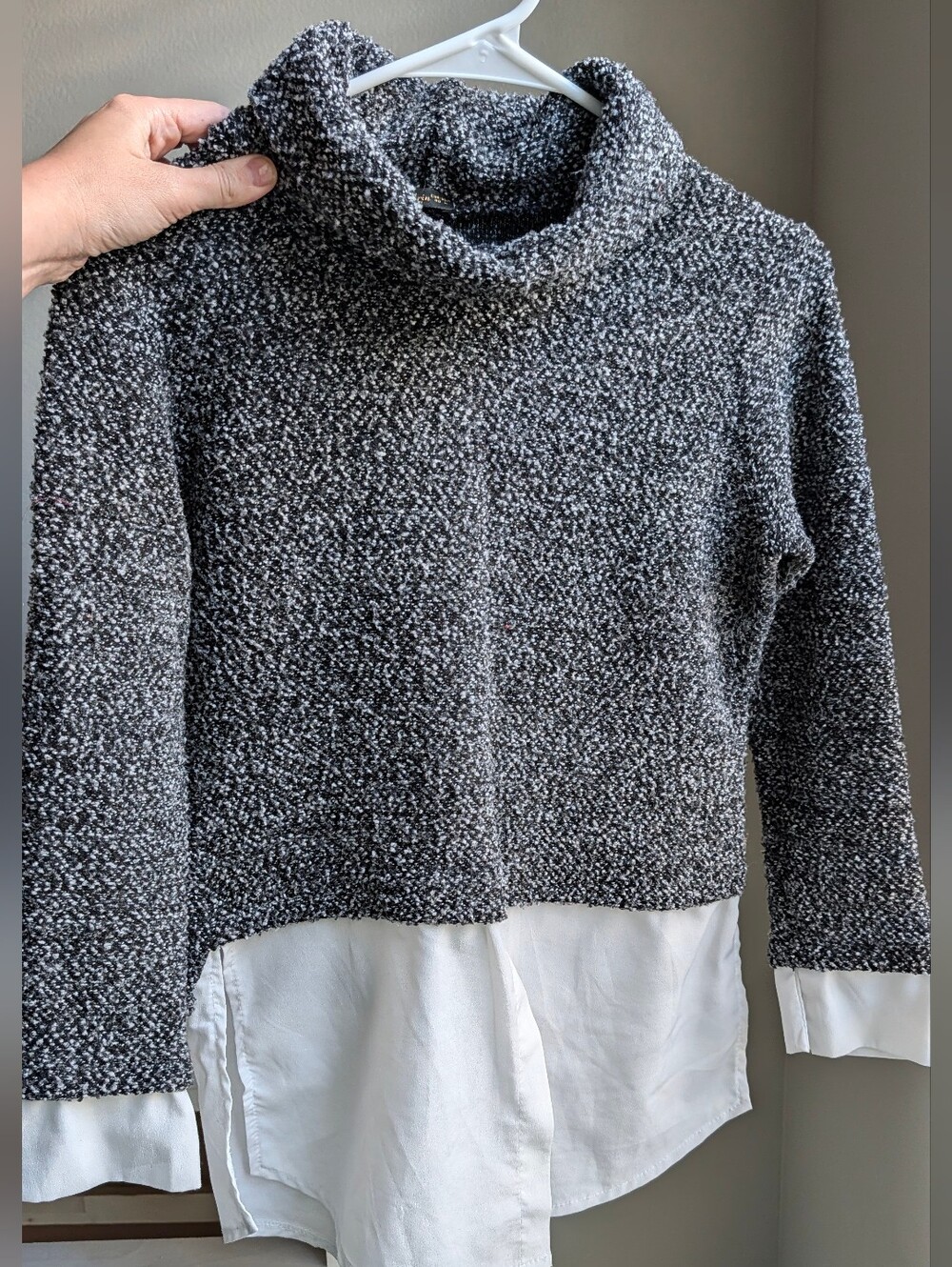 Women's Grey Bouclé Turtleneck Sweater with White Shirt Hem